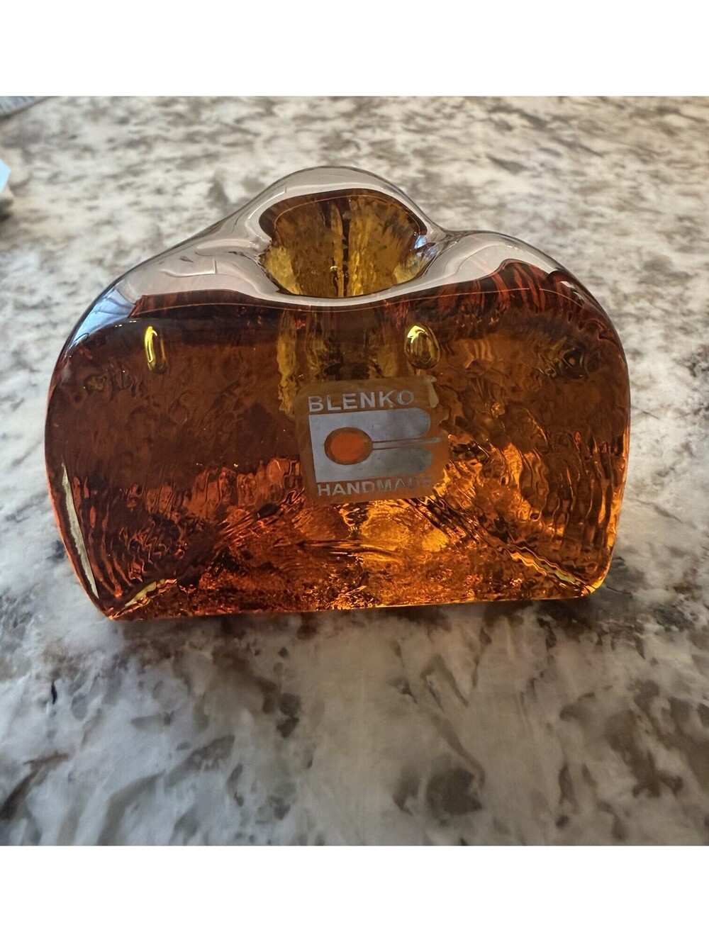 Vintage Blenko Freeform Candle Holder Ashtray Dish Amber Puck
